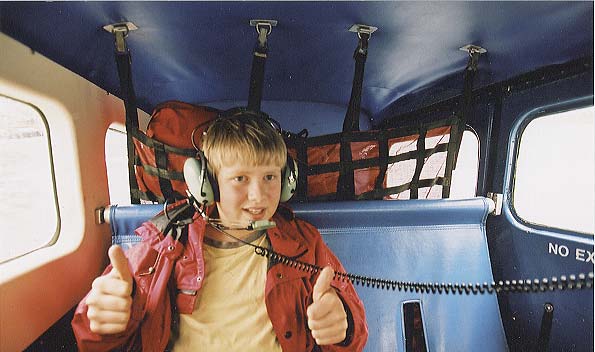 Dylan gives me a thumbs-up as we prepare to take off for Nootka Island. The intercom lets us talk to each other.