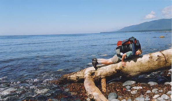 Dylan climbs over a log.